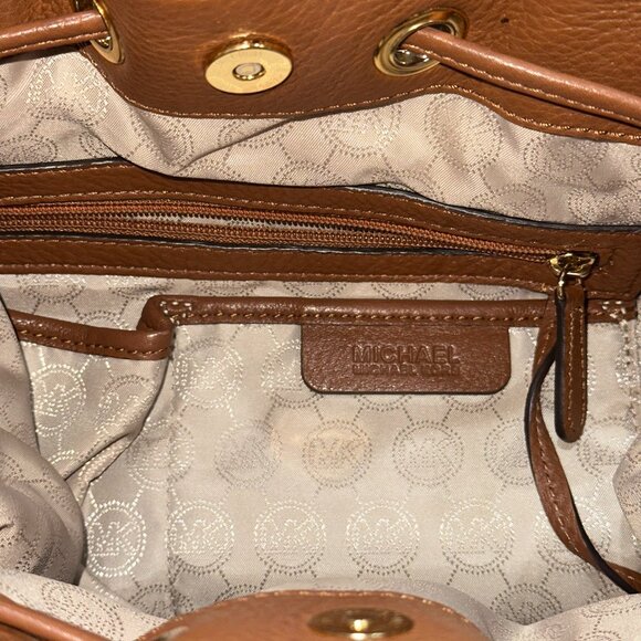 Michael Kors Crossbody Brown Pebbled Leather Tassel Bucket Hobo Bag Purse Gold - Picture 7 of 7